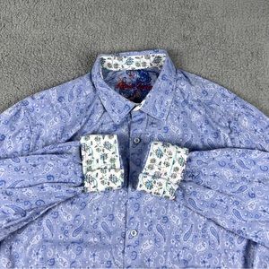 Robert Graham Shirt Mens 2XL XXL Blue Paisley Classic Fit Button Up Flip Up Cuff